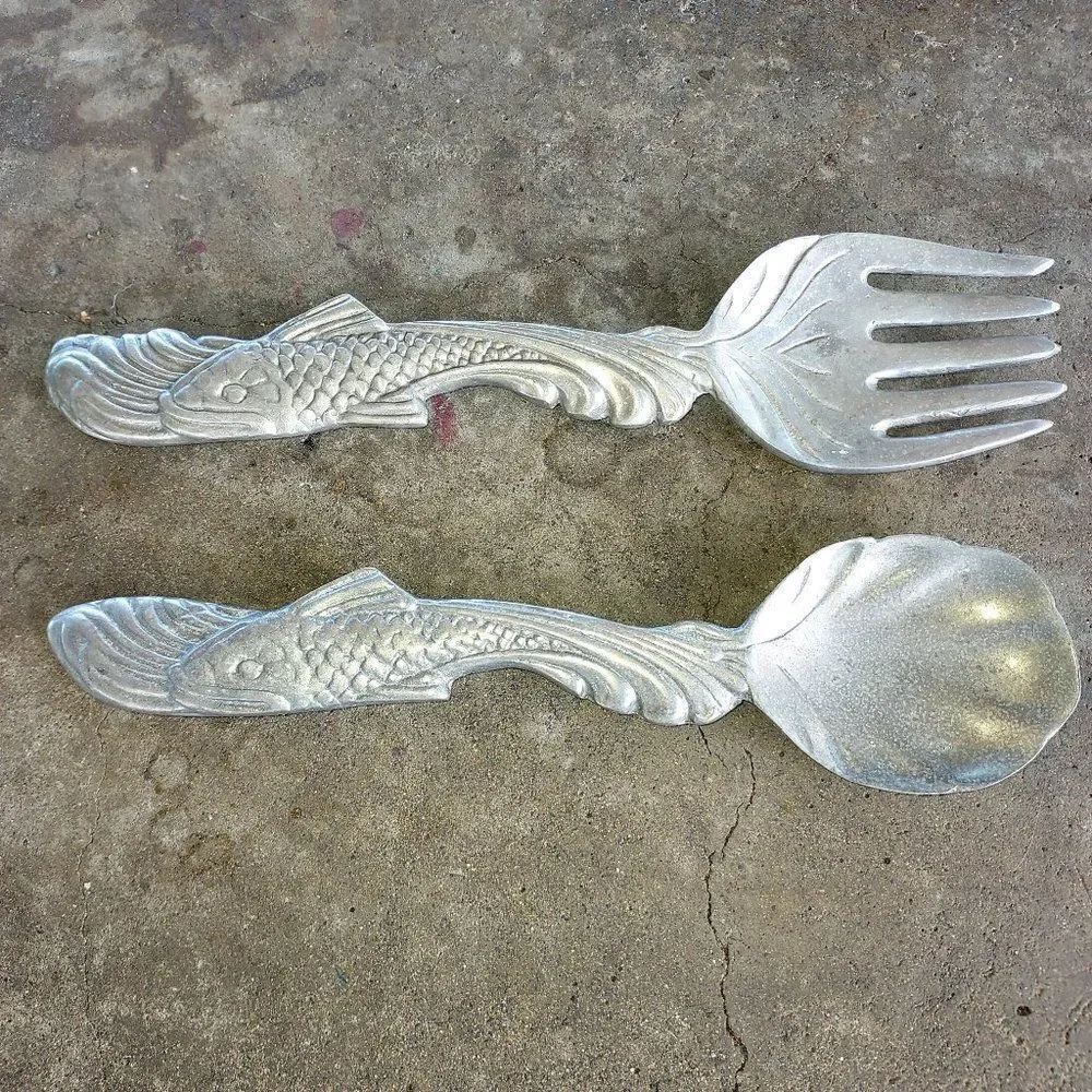 Vintage Pewter Salad Fork and Spoon Fish Handles